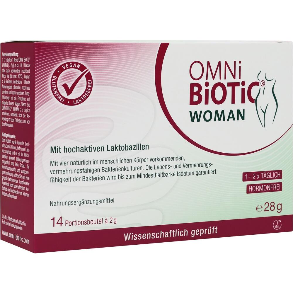 Weiße Verpackung von "Omni Biotic Woman" mit Informationen zu Lactobazillen.